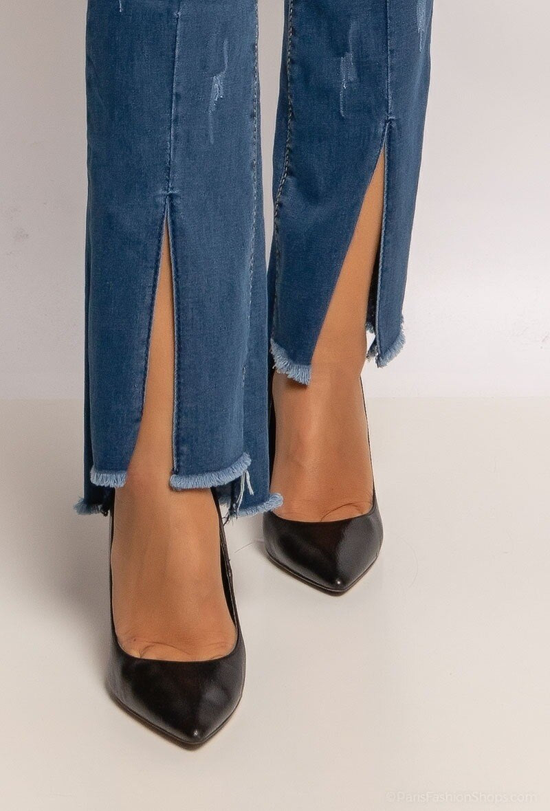 Pantalon jean droit usé à fentes