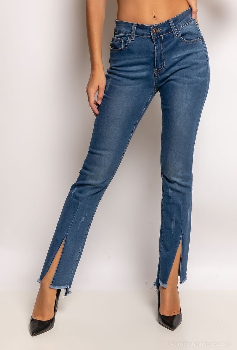 Pantalon jean droit usé à fentes
