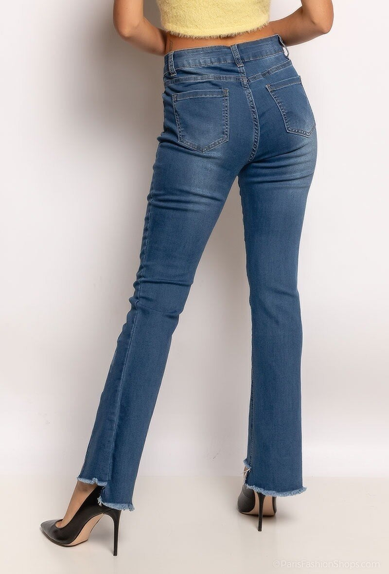 Pantalon jean droit usé à fentes