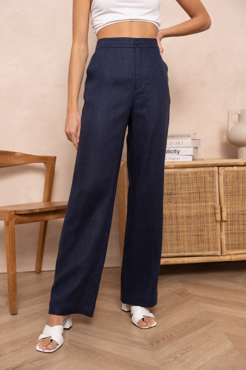 Pantalon coupe droite taille haute 100% lin