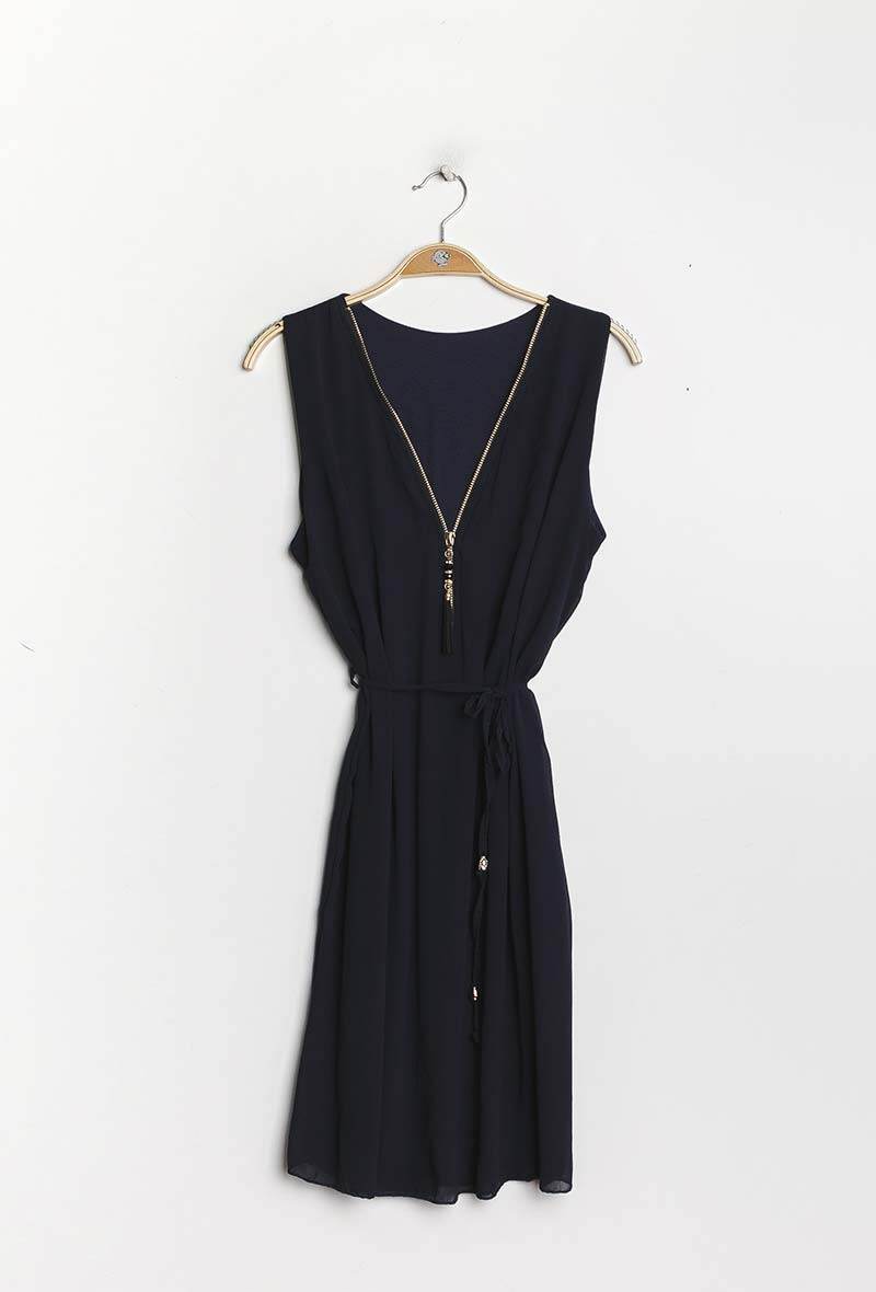 Robe avec col V zippé - noir