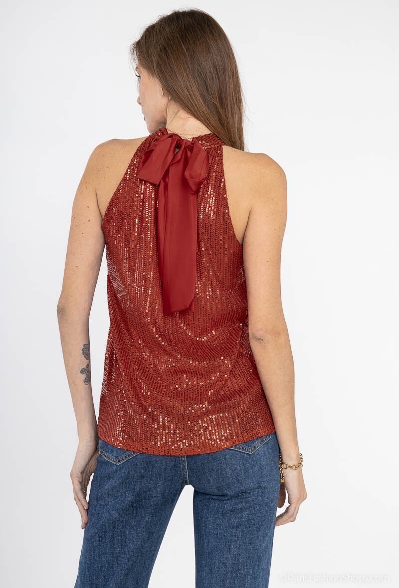 Top brillant dos nu à sequins nœud à l'arrière