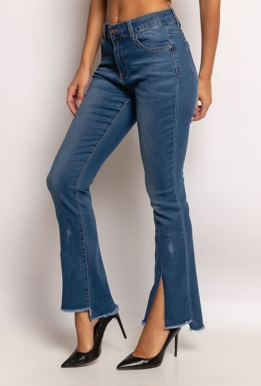 Pantalon jean droit usé à fentes