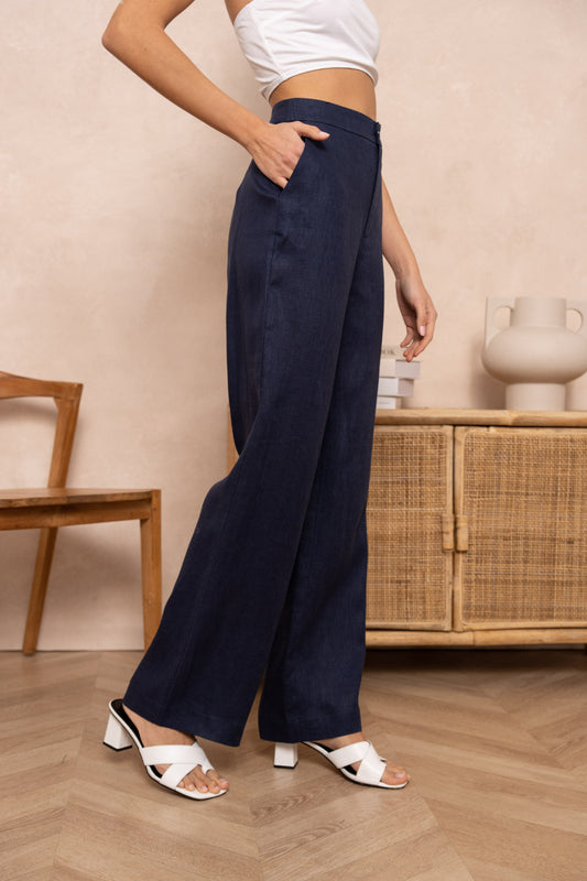 Pantalon coupe droite taille haute 100% lin