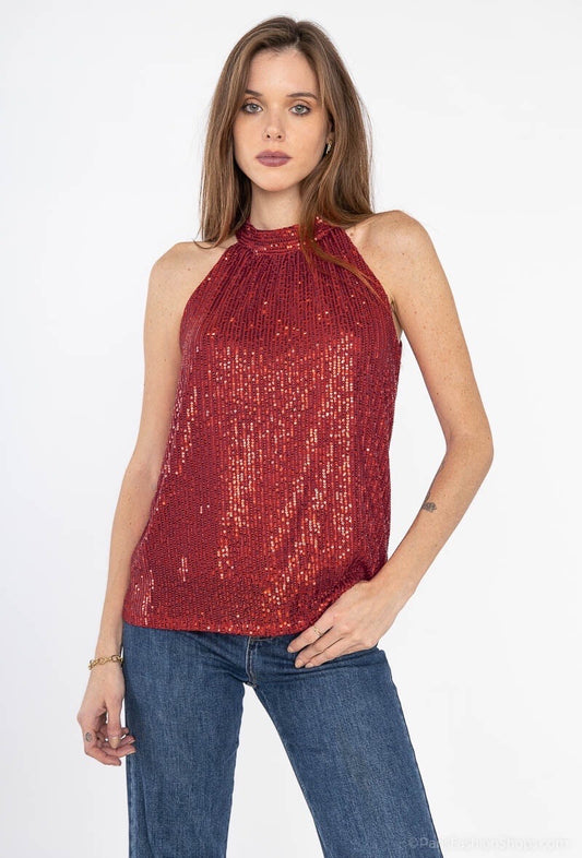 Top brillant dos nu à sequins nœud à l'arrière